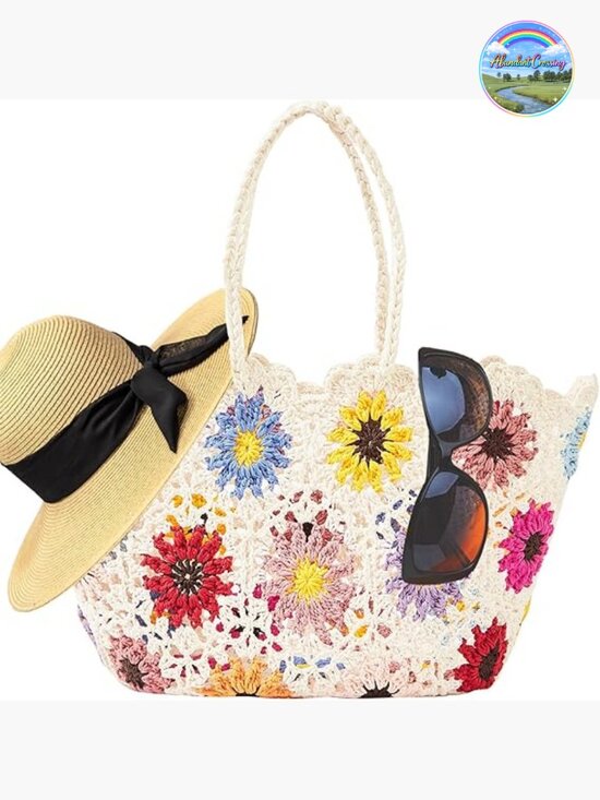 Handbags - Large Floral Straw Tote Beach Bag Woven Handbag Summer Vacation